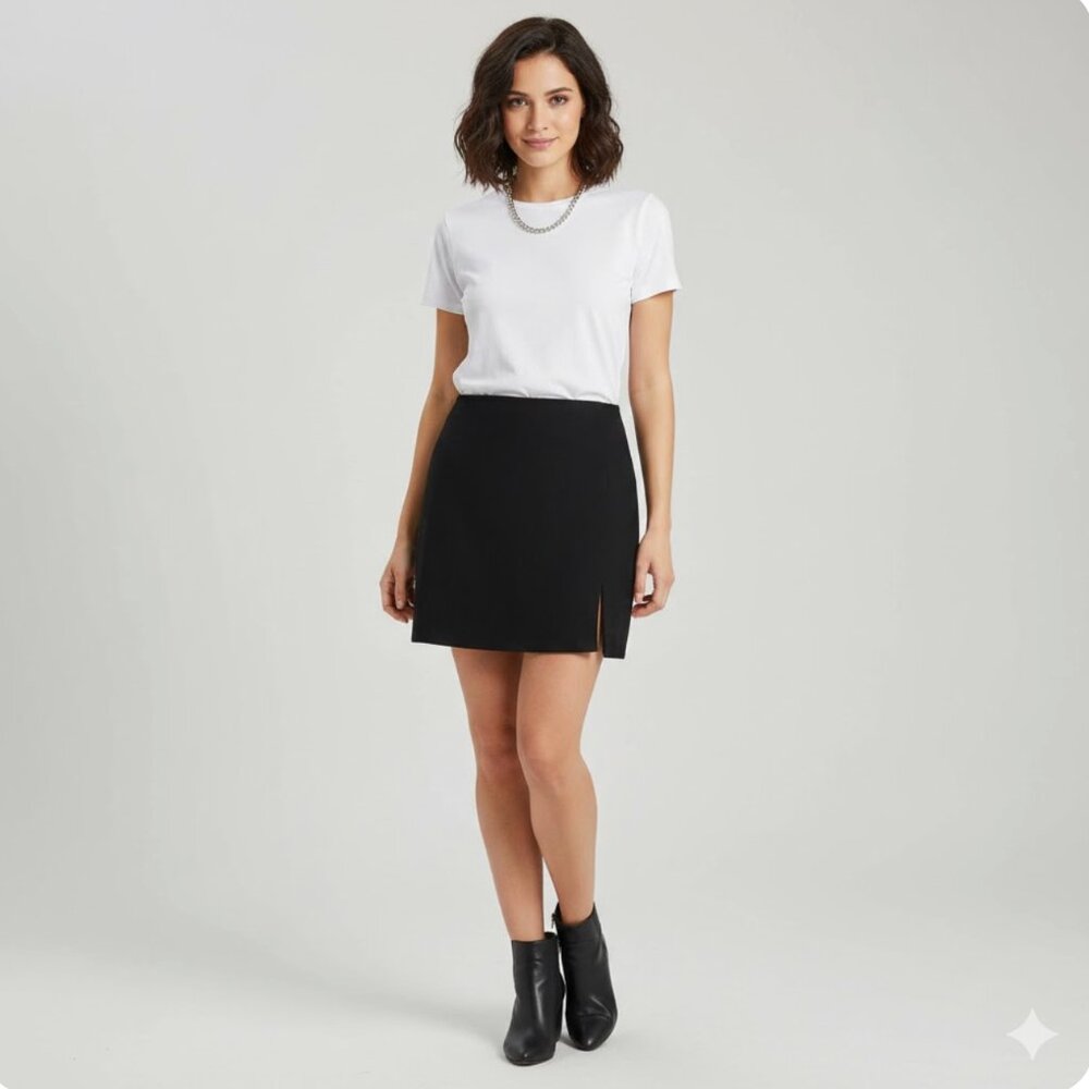 French Connection Black 100% Wool Mini Skirt 4 Front Off-Center Slit Made in USA - Picture 5 of 7